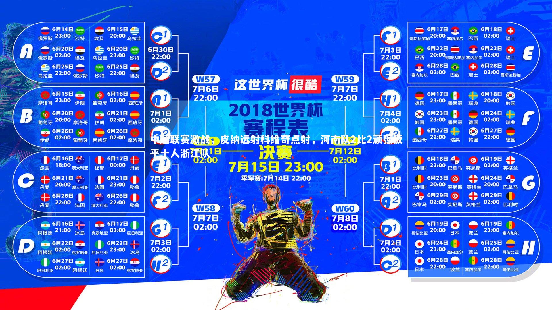 中超联赛激战，皮纳远射科维奇点射，河南队2比2顽强扳平十人浙江队